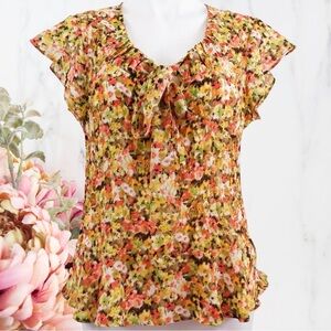 Bethany Sheer Cap Sleeve Top Ruffles Floral Fall Colors Size XL